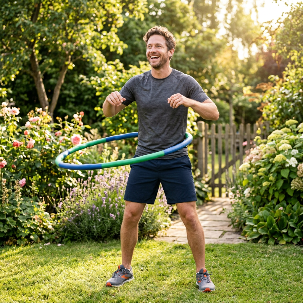 Man smiling and using a weighted hula hoop outdoors in a sunny garden