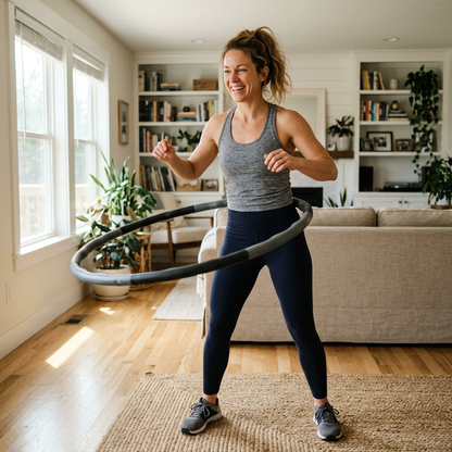 Woman smiling and using a weighted hula hoop in a bright living room