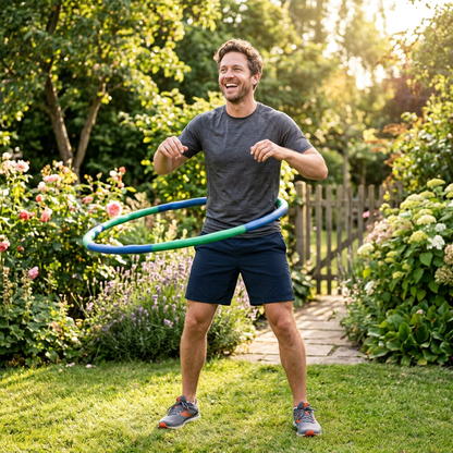 Man smiling and using a weighted hula hoop outdoors in a sunny garden